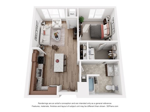 Floor plan for 1 bed, 1 bath, 713 sqft
